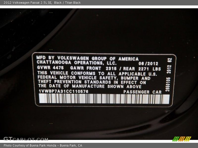 Black / Titan Black 2012 Volkswagen Passat 2.5L SE