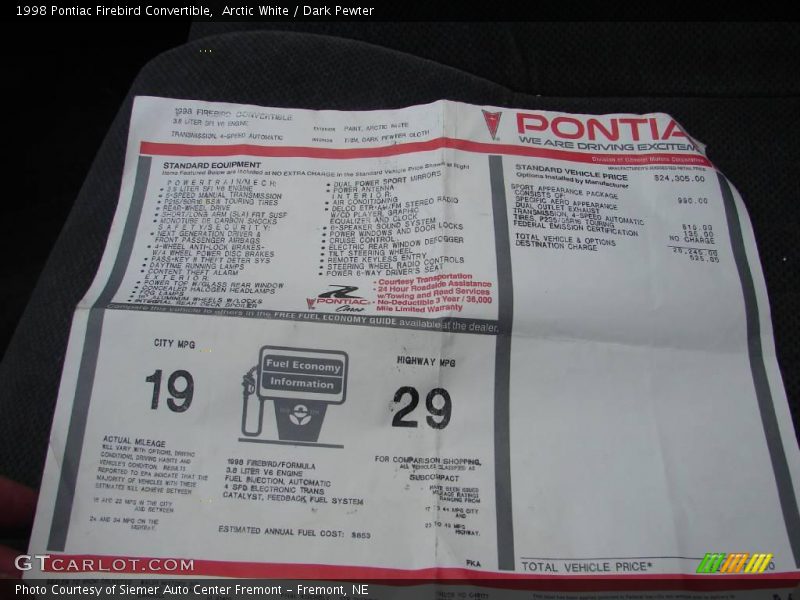 Arctic White / Dark Pewter 1998 Pontiac Firebird Convertible