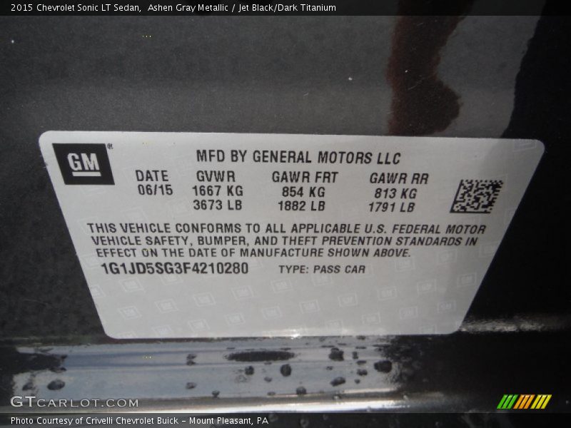 Ashen Gray Metallic / Jet Black/Dark Titanium 2015 Chevrolet Sonic LT Sedan