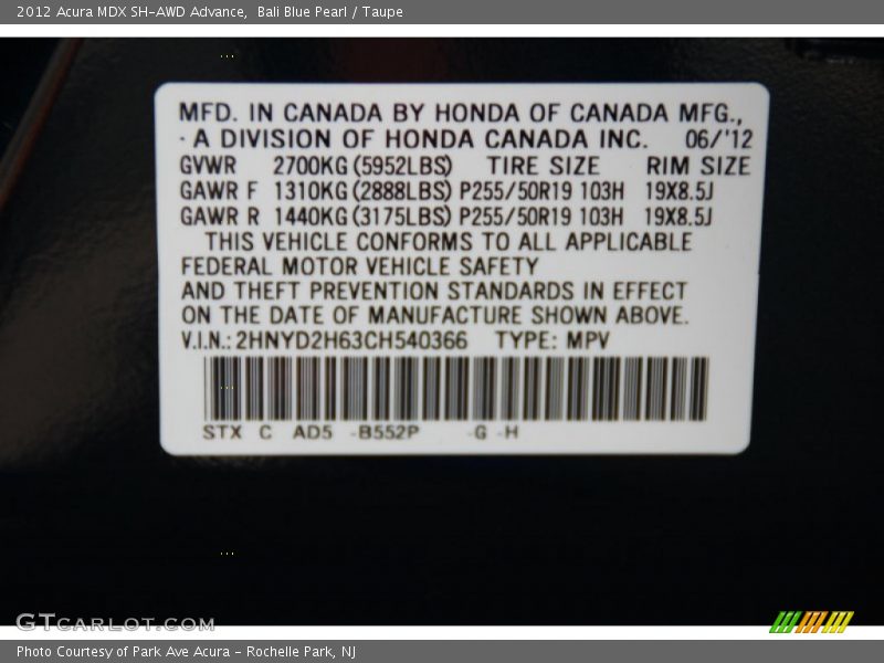 Bali Blue Pearl / Taupe 2012 Acura MDX SH-AWD Advance