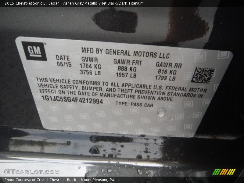Ashen Gray Metallic / Jet Black/Dark Titanium 2015 Chevrolet Sonic LT Sedan