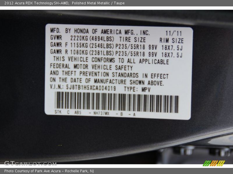 Polished Metal Metallic / Taupe 2012 Acura RDX Technology SH-AWD
