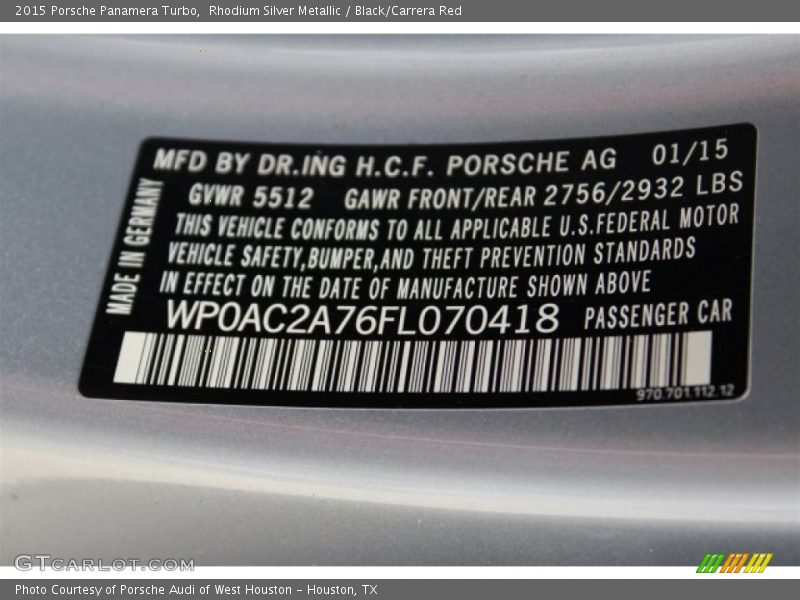 Rhodium Silver Metallic / Black/Carrera Red 2015 Porsche Panamera Turbo