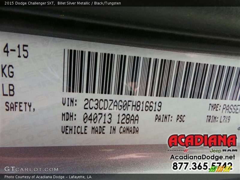 Billet Silver Metallic / Black/Tungsten 2015 Dodge Challenger SXT