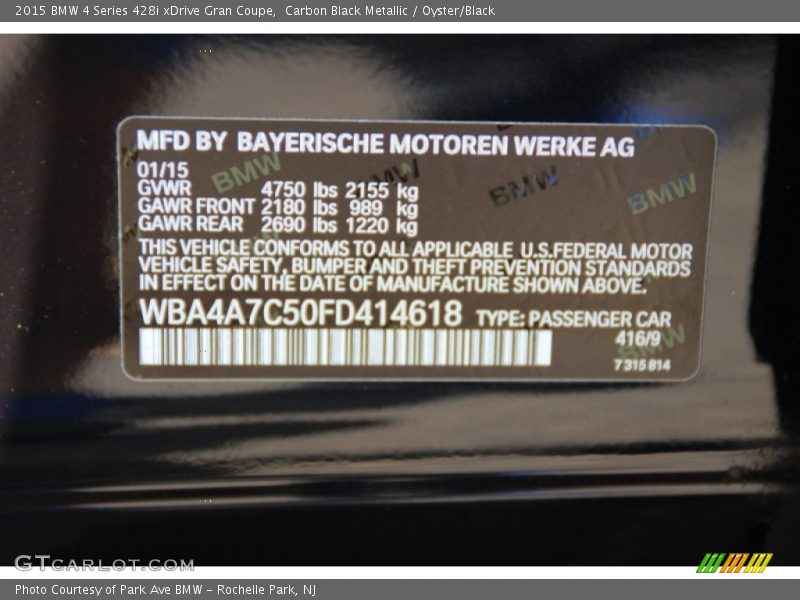 2015 4 Series 428i xDrive Gran Coupe Carbon Black Metallic Color Code 416