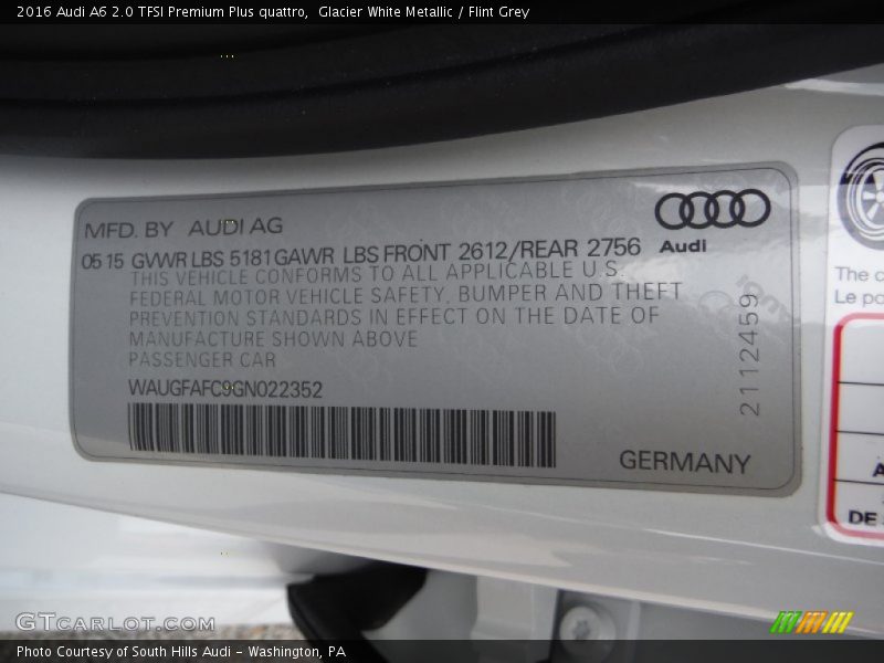 Glacier White Metallic / Flint Grey 2016 Audi A6 2.0 TFSI Premium Plus quattro