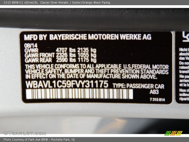 Glacier Silver Metallic / Oyster/Orange-Black Piping 2015 BMW X1 xDrive28i