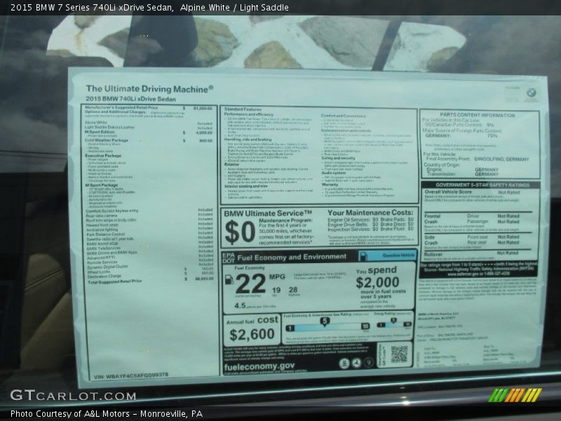  2015 7 Series 740Li xDrive Sedan Window Sticker