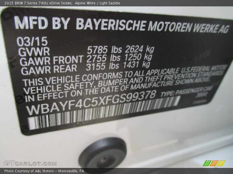 Alpine White / Light Saddle 2015 BMW 7 Series 740Li xDrive Sedan