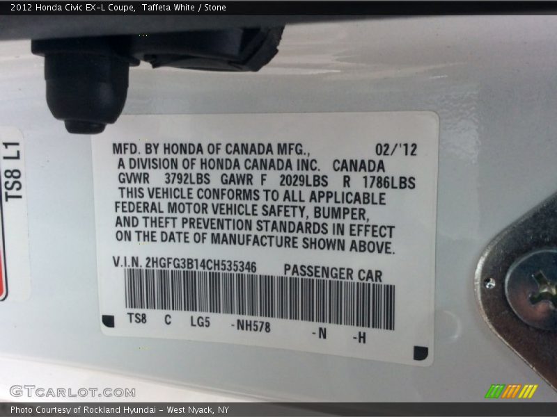 Taffeta White / Stone 2012 Honda Civic EX-L Coupe