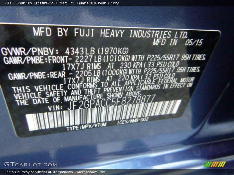 Quartz Blue Pearl / Ivory 2015 Subaru XV Crosstrek 2.0i Premium