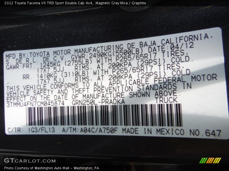 Magnetic Gray Mica / Graphite 2012 Toyota Tacoma V6 TRD Sport Double Cab 4x4