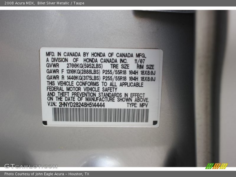Billet Silver Metallic / Taupe 2008 Acura MDX