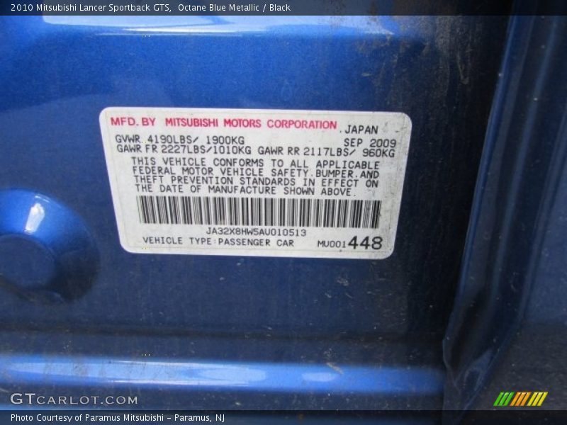 Octane Blue Metallic / Black 2010 Mitsubishi Lancer Sportback GTS