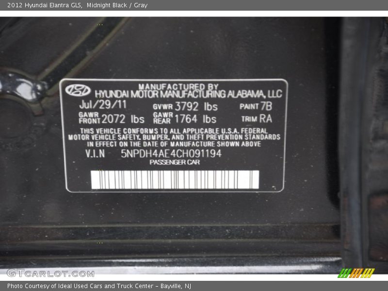 Midnight Black / Gray 2012 Hyundai Elantra GLS
