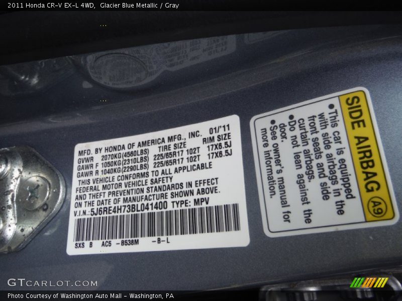 Glacier Blue Metallic / Gray 2011 Honda CR-V EX-L 4WD