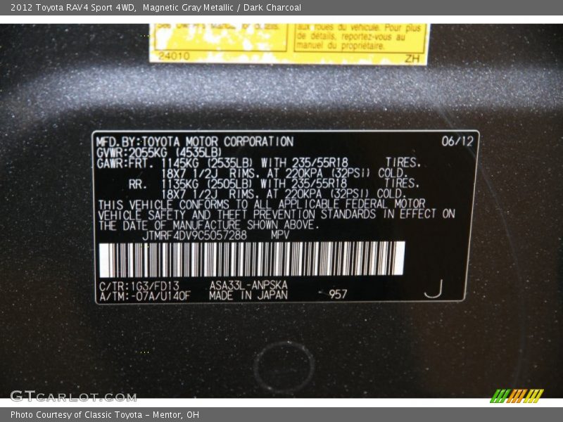 Magnetic Gray Metallic / Dark Charcoal 2012 Toyota RAV4 Sport 4WD