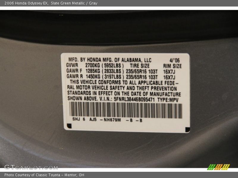 Slate Green Metallic / Gray 2006 Honda Odyssey EX