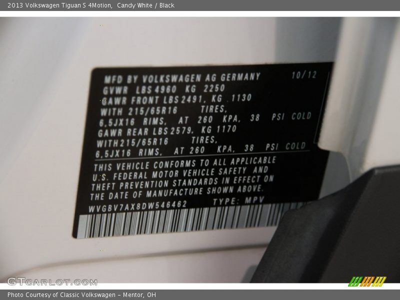 Candy White / Black 2013 Volkswagen Tiguan S 4Motion