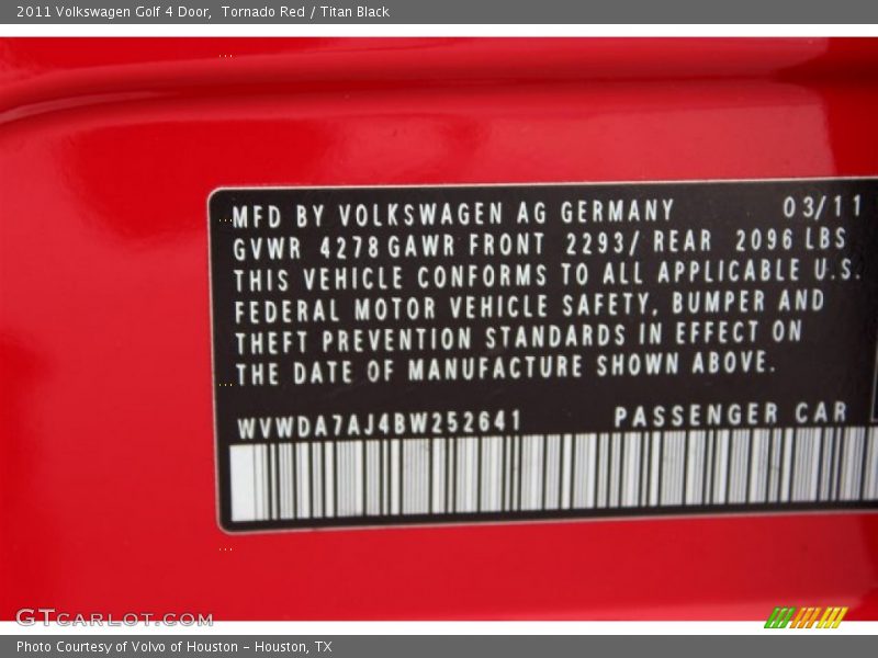 Tornado Red / Titan Black 2011 Volkswagen Golf 4 Door