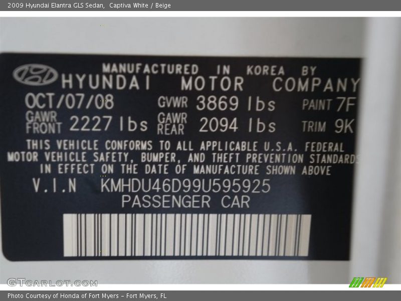 Captiva White / Beige 2009 Hyundai Elantra GLS Sedan