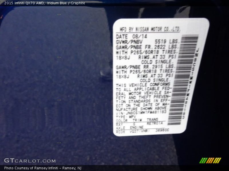 2015 QX70 AWD Iridium Blue Color Code RAY