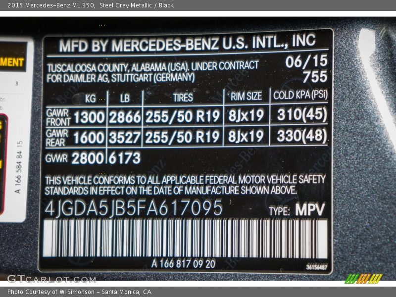 Steel Grey Metallic / Black 2015 Mercedes-Benz ML 350