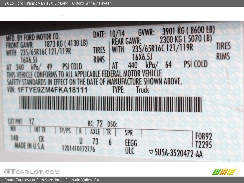 Oxford White / Pewter 2015 Ford Transit Van 150 LR Long