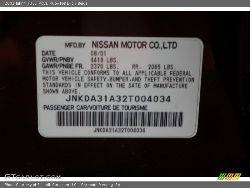 Royal Ruby Metallic / Beige 2002 Infiniti I 35