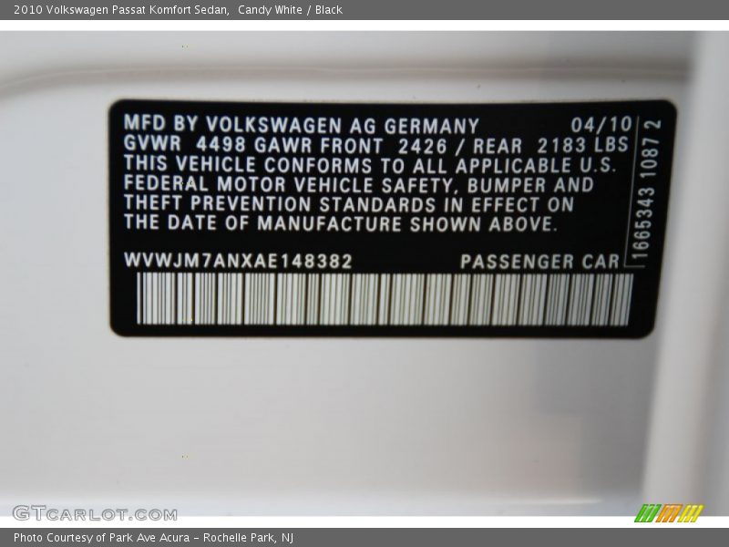 Candy White / Black 2010 Volkswagen Passat Komfort Sedan