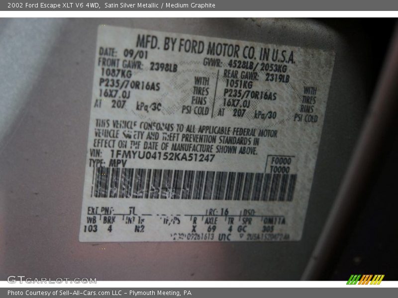 Satin Silver Metallic / Medium Graphite 2002 Ford Escape XLT V6 4WD
