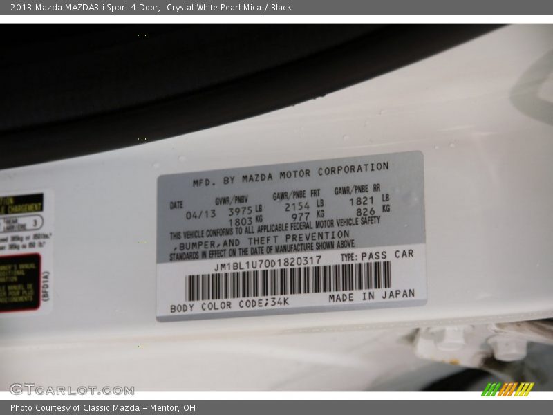 Crystal White Pearl Mica / Black 2013 Mazda MAZDA3 i Sport 4 Door