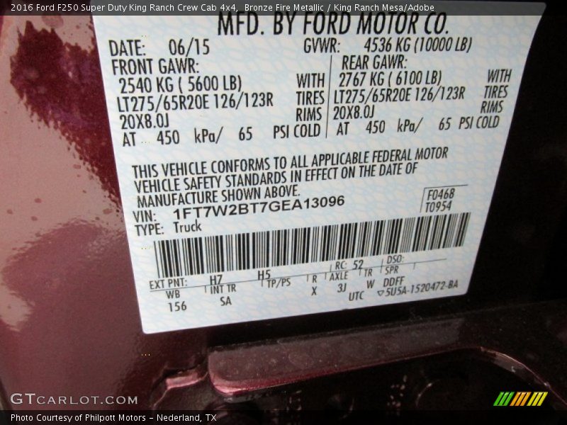 2016 F250 Super Duty King Ranch Crew Cab 4x4 Bronze Fire Metallic Color Code H7
