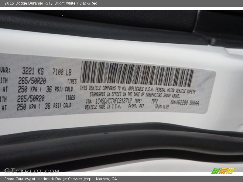 Bright White / Black/Red 2015 Dodge Durango R/T