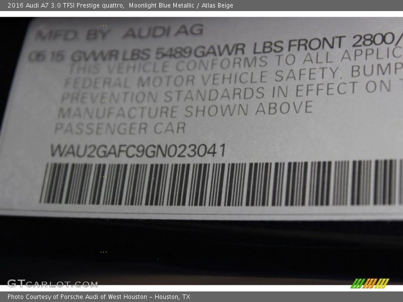 Moonlight Blue Metallic / Atlas Beige 2016 Audi A7 3.0 TFSI Prestige quattro