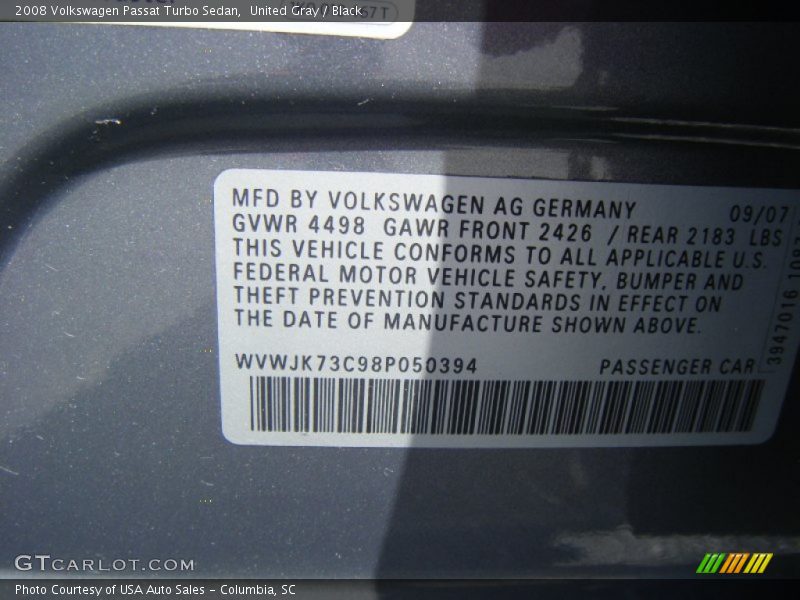 United Gray / Black 2008 Volkswagen Passat Turbo Sedan