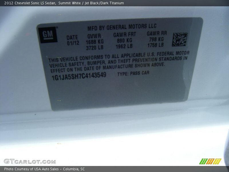 Summit White / Jet Black/Dark Titanium 2012 Chevrolet Sonic LS Sedan