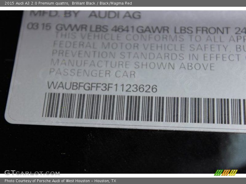 Brilliant Black / Black/Magma Red 2015 Audi A3 2.0 Premium quattro