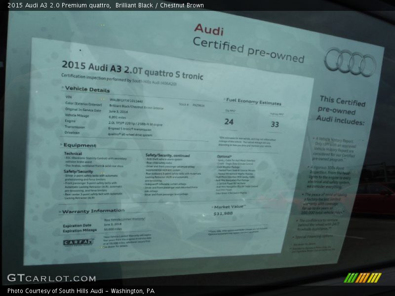 Brilliant Black / Chestnut Brown 2015 Audi A3 2.0 Premium quattro