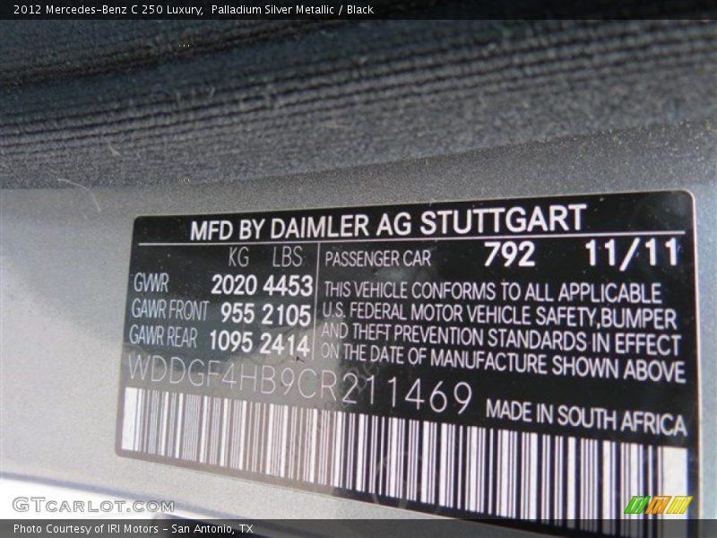 Palladium Silver Metallic / Black 2012 Mercedes-Benz C 250 Luxury