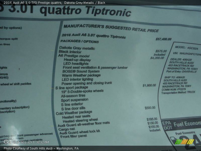  2016 A6 3.0 TFSI Prestige quattro Window Sticker