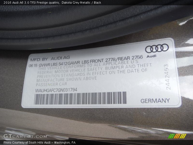 Dakota Grey Metallic / Black 2016 Audi A6 3.0 TFSI Prestige quattro
