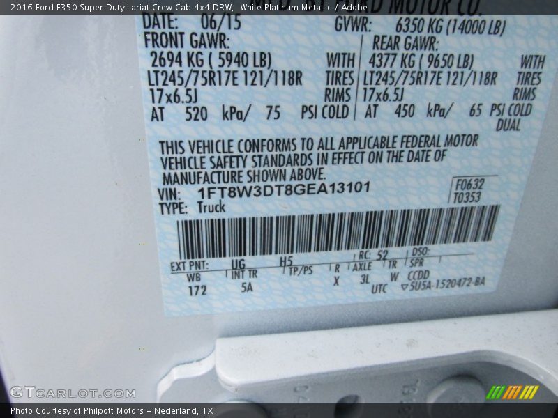 2016 F350 Super Duty Lariat Crew Cab 4x4 DRW White Platinum Metallic Color Code UG