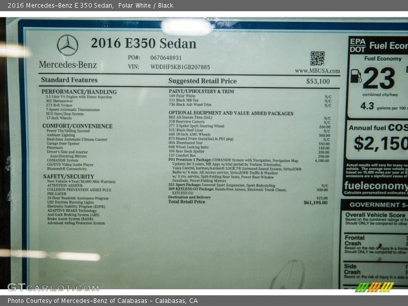  2016 E 350 Sedan Window Sticker