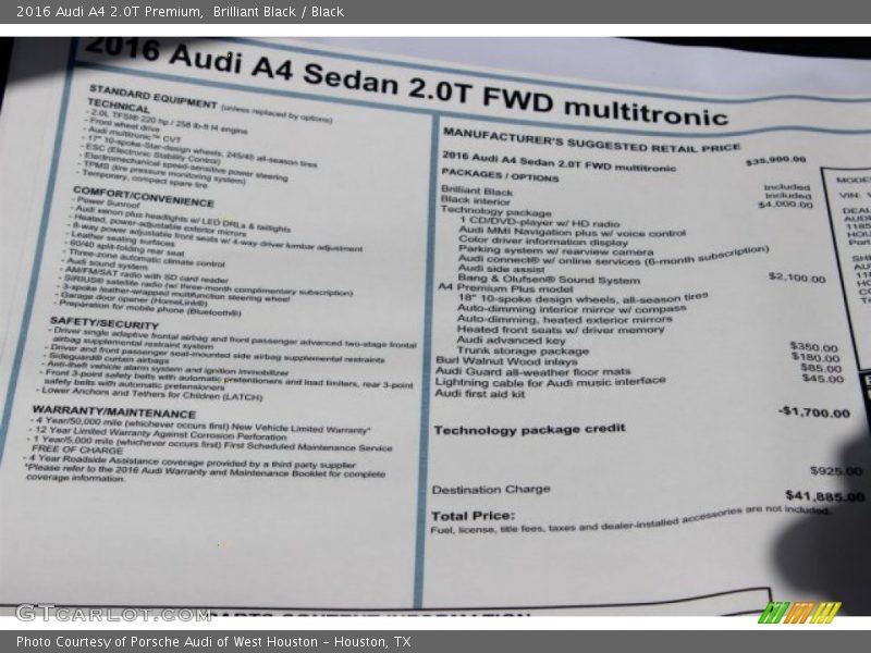  2016 A4 2.0T Premium Window Sticker