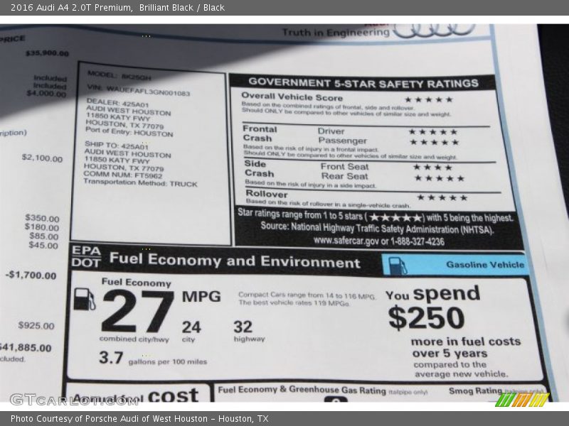  2016 A4 2.0T Premium Window Sticker