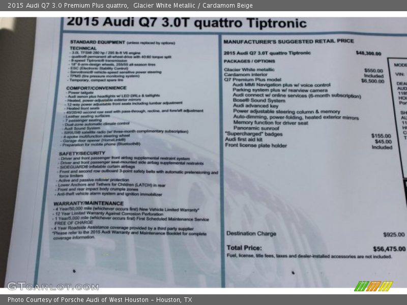 Glacier White Metallic / Cardamom Beige 2015 Audi Q7 3.0 Premium Plus quattro