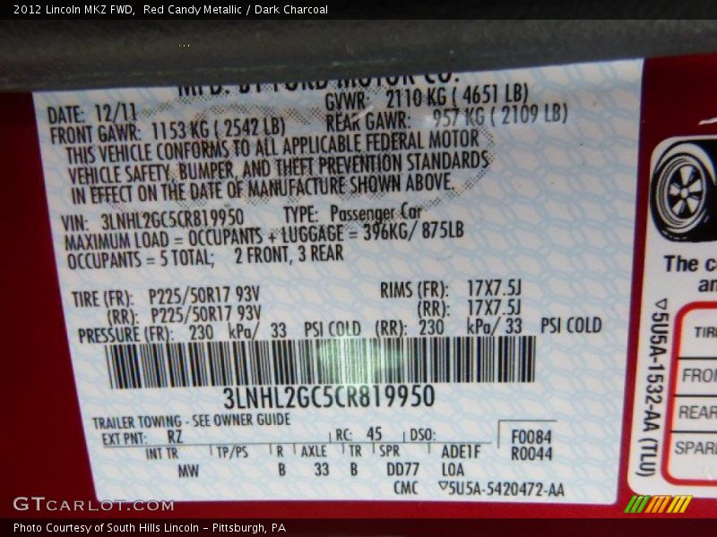 Red Candy Metallic / Dark Charcoal 2012 Lincoln MKZ FWD