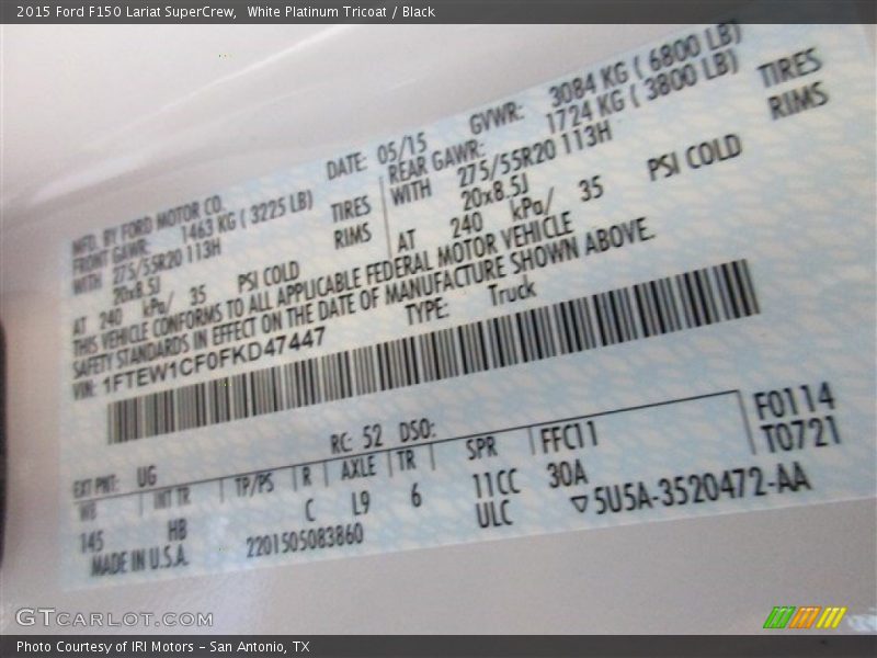 White Platinum Tricoat / Black 2015 Ford F150 Lariat SuperCrew