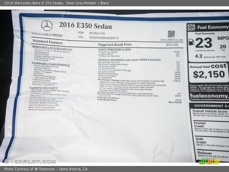 Steel Grey Metallic / Black 2016 Mercedes-Benz E 350 Sedan